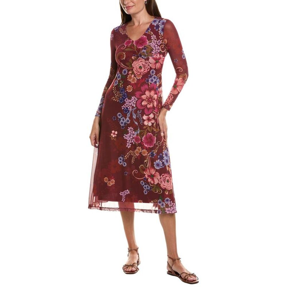 Johnny Was Womens Petite Long Sleeve V-Neck Mesh Midi Dress, Red